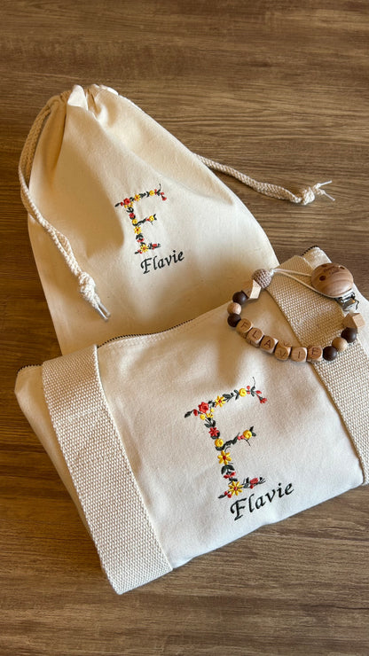 Sac polochon initiale fleurie