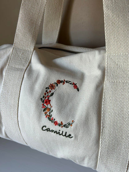 Sac polochon initiale fleurie